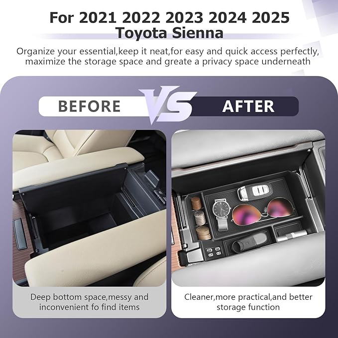LUWU 2025 2026 Sienna Center Console Organizer for 2021 2022 2023 2024 2025 2026 Sienna Accessories Armrest Console Storage Box Insert Tray ABS Material Black