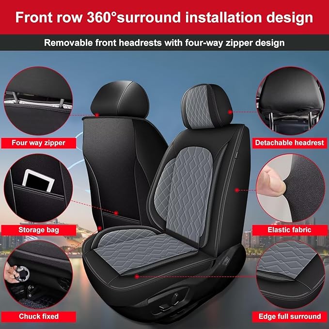 2 Front Car Seat Covers Fit for Kia Soul 2010-2024 2025 Waterproof Faux Leather Seat Cushion Protector (2 Seats, Black&Grey)