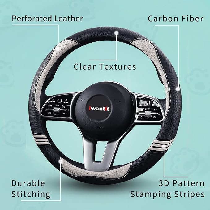 Iwantit® Cute Steering Wheel Cover for Women, Pu Leather with Anti-Slip Rubber Ring, Steering Wheel Protector for Men, Universal Fit 14.5-15 inches for Cars,SUV (Pearl White)