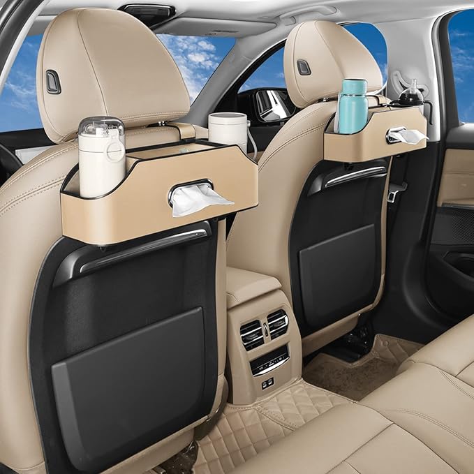 Car Seat Back Organizer - Stylish & Functional Storage for Family Adventures - Cup Holders, Tissue Box & Hooks - Perfect for Kids, Road Trips & Travel (Beige)