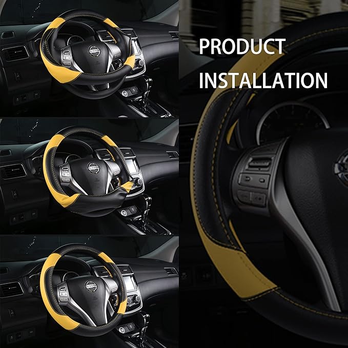 Leather Car Steering Wheel Cover, Non-Slip Car Wheel Cover Protector Breathable Microfiber Leather Universal Fit for Most Cars (Black&Yellow)