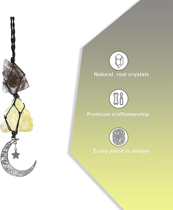 BOHO GARDEN Hanging Car Charm - Smoky Quartz & Citrine - Dangling Moon, Healing Crystal Accessories, Rearview Mirror Decorations ÐGrounding, Cleansing, Protection, Joy, Abundance, Clarity, Energy