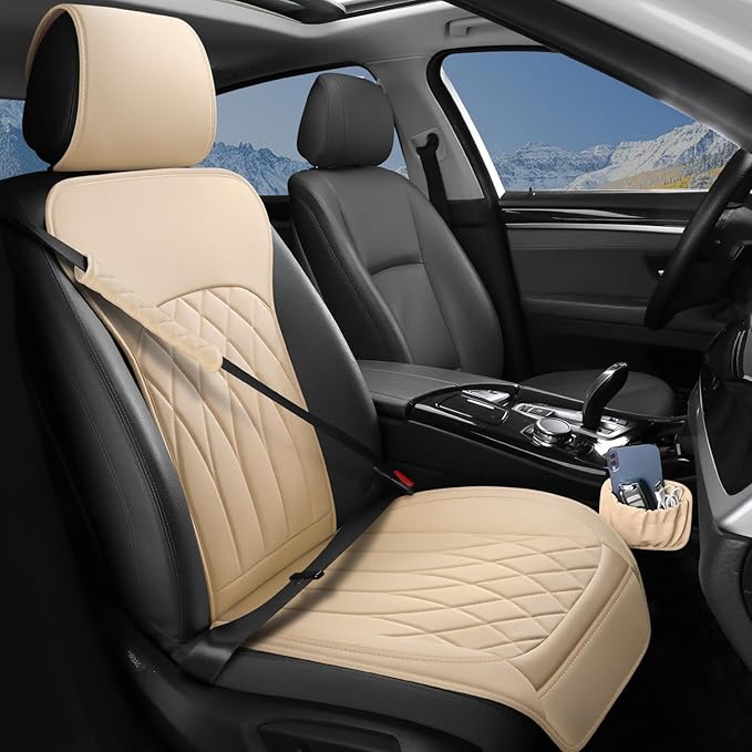 1 Pack Leather Front Car Seat Cover, Universal Sideless Car Seat Protector with Storage Pocket and Seat Belt Pad, Waterproof Automotive Seat Cover Cars Trucks SUV(Yellow Beige)