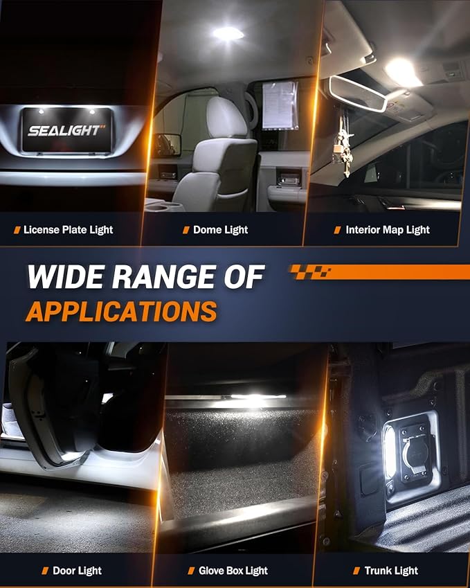 SEALIGHT 194 LED Bulb 6000K White 168 T10 2825 W5W 600% Brightness Wedge Interior Car Bulbs Replacement for License Plate Lights Dome Map Door Courtesy Trunk Parking, 2 PCS