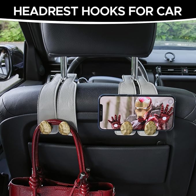 4 PCS Leather Car Seat Hooks for Headrest, Vehicle Hanger Storage Organizer Universal for Handbag Purse, Car Accessories Gift (Grey-Gold-4 PCS)