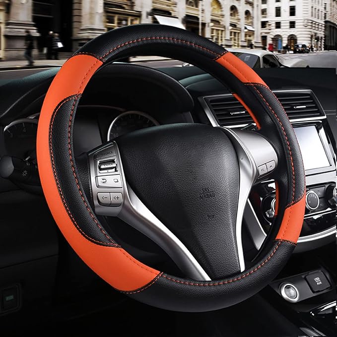 Leather Car Steering Wheel Cover, Non-Slip Car Wheel Cover Protector Breathable Microfiber Leather Universal Fit for Most Cars (Orange-2)