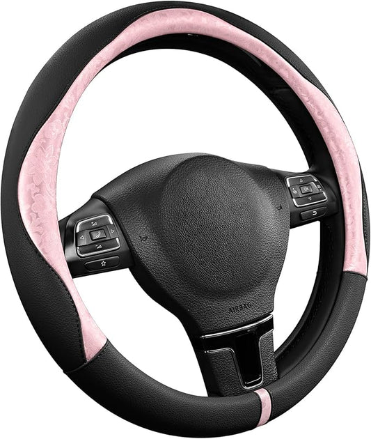 PIC AUTO Steering Wheel Cover, Pink Patterned & Black Leather Patchwork Design, Universal Fit 14.5"–15.5", Anti-Slip, Odor-Free, Soft PU Grain Leather, Durable Grip Car Accessory for Girls & Women
