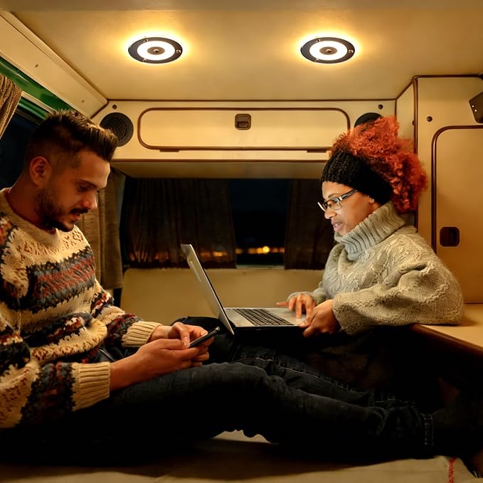 12V Ceiling Dome Light, 4.75 Inch 400LM Dimmable Interior Light for RV Boat Camper Van Travel Trailer Truck Fifth Wheel Interior Lighting, Blue Night Light & Touch Switch(Warm White)