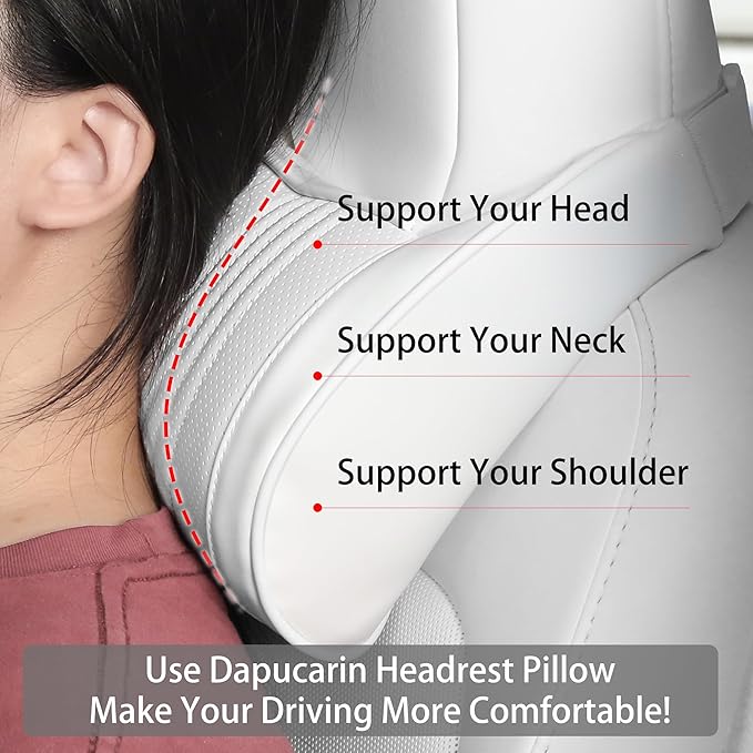 Car Headrest Memory Foam Neck Pillow for Driving with Leather Cover Soft Comfortable Seat Head Pillow Cushion for Most Cars SUV Sedan Home Office, White, 2PC