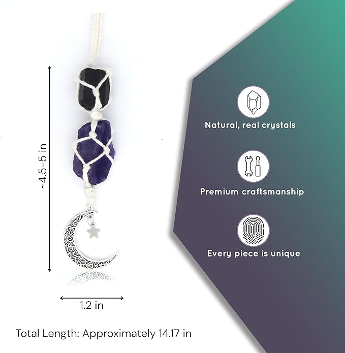 BOHO GARDEN Hanging Car Charm - Black Tourmaline, Amethyst - Dangling Moon, Healing Crystal Accessories, Rearview Mirror Decorations - Grounding, Confidence, Protection, Balance, Energy, Spirituality