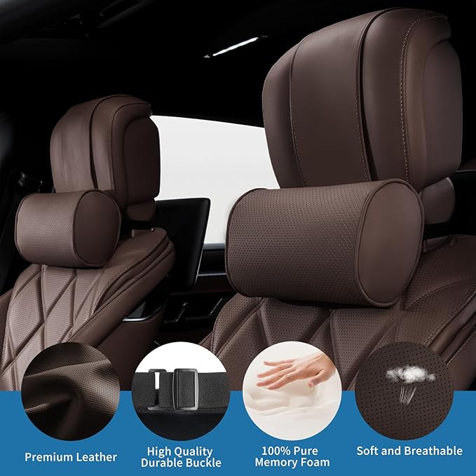 Car Headrest Pillow for Driving - Luxury Leather 100% Memory Foam, Ergonomic Neck Support - Universal Fit Head Rest Travel Pillow for Most Cars, Home & Office, Brown, 1 Pack