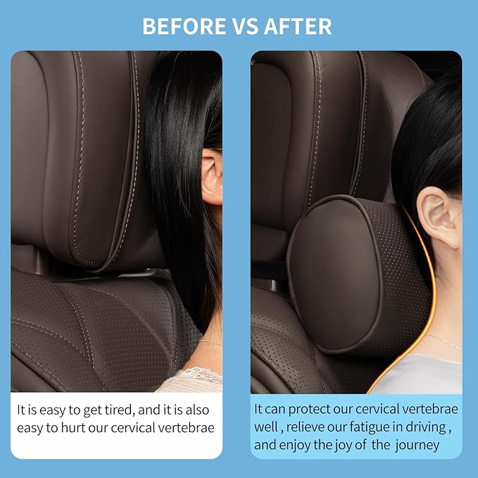 Car Headrest Pillow for Driving - Luxury Leather 100% Memory Foam, Ergonomic Neck Support - Universal Fit Head Rest Travel Pillow for Most Cars, Home & Office, Brown, 1 Pack