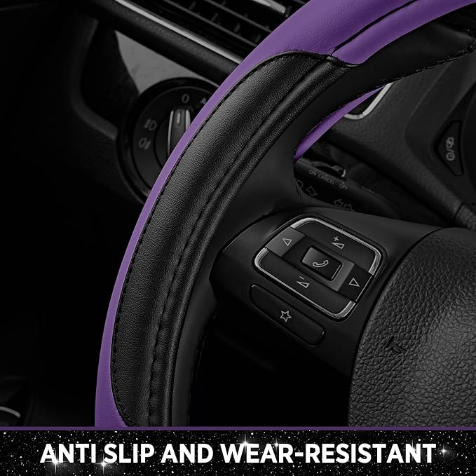Road Comforts Leather Steering Wheel Cover - Made with PVC Leather - Anti-Slip, Universal Fit 14 1/2 inches to 15 inches - Purple