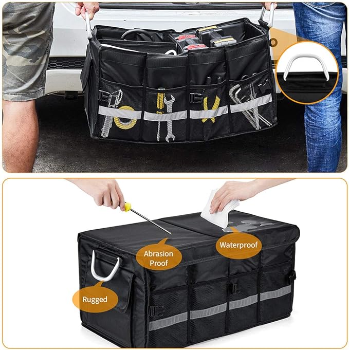 i BKGOO Car Trunk Organizer with Lid,Collapsible Car Trunk Storage Organizer,Multi-Compartment Car Organizer for auto, SUV, Truck, Minivan Black, X-Large