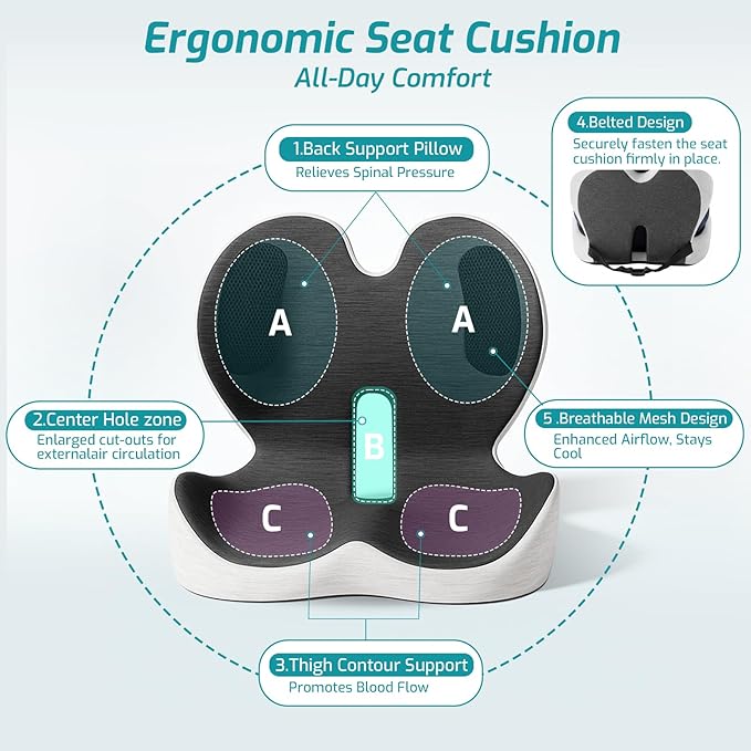 Trucker Seat Cushion, Car Seat Cushions with Lumbar Support Pillow, Ergonomic L-Shaped One Piece Memory Foam Pad for Long Driving Back Pain Sciatica Relief, Drivers Office Workers (Black+Light Gray)