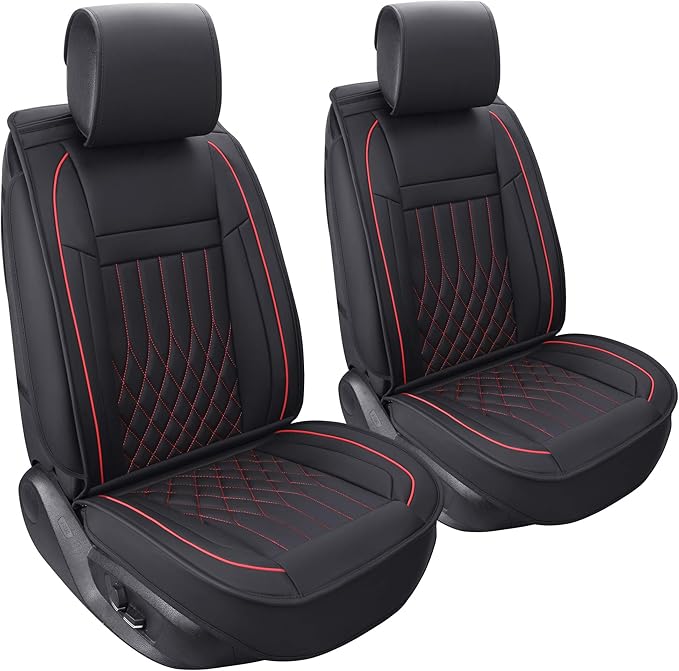 Aierxuan 2pcs Car Seat Covers Front Set with Waterproof Leather, Airbag Compatible Automotive Vehicle Cushion Cover Universal Fit for Most Cars (Black and Red)