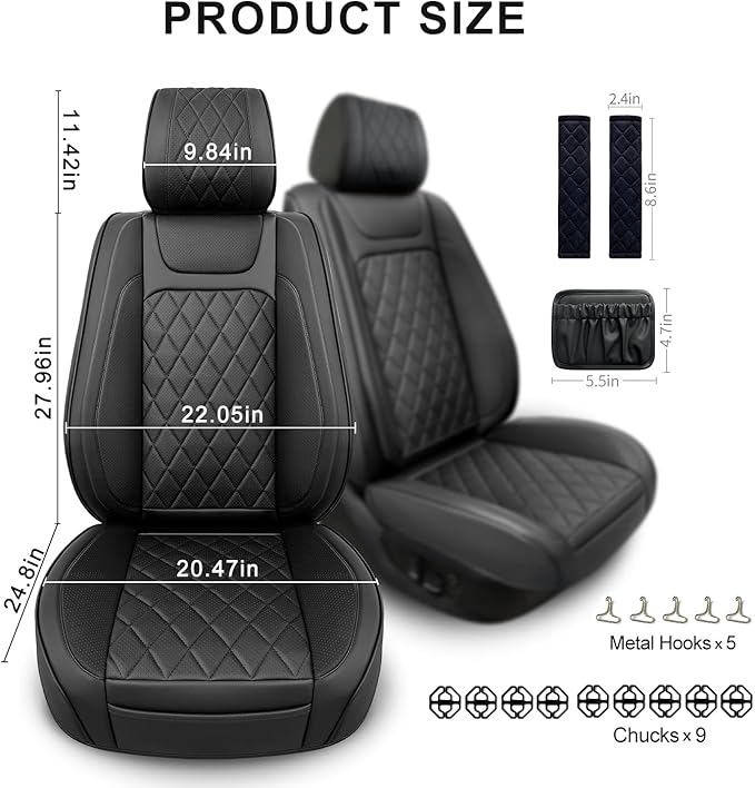2 Pack Leather Front Car Seat Covers,Universal Breathable Full Surround Leather Car Seat Cover Protector,Split Waterproof Luxury Auto Black Seat Cover Cushion for Sedan Cars Pick-up Trucks SUV