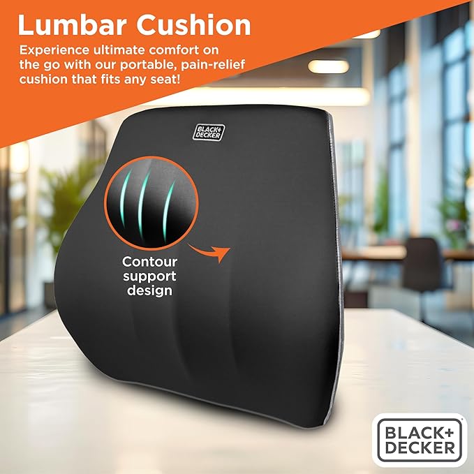 BLACK+DECKER Memory Foam Lumbar Support Pillow, Lumbar Cushion for Office, Car, Wheelchair & Airplane – Adjustable Strap, Full Back Pain Relief, Washable Cover, Black/Grey