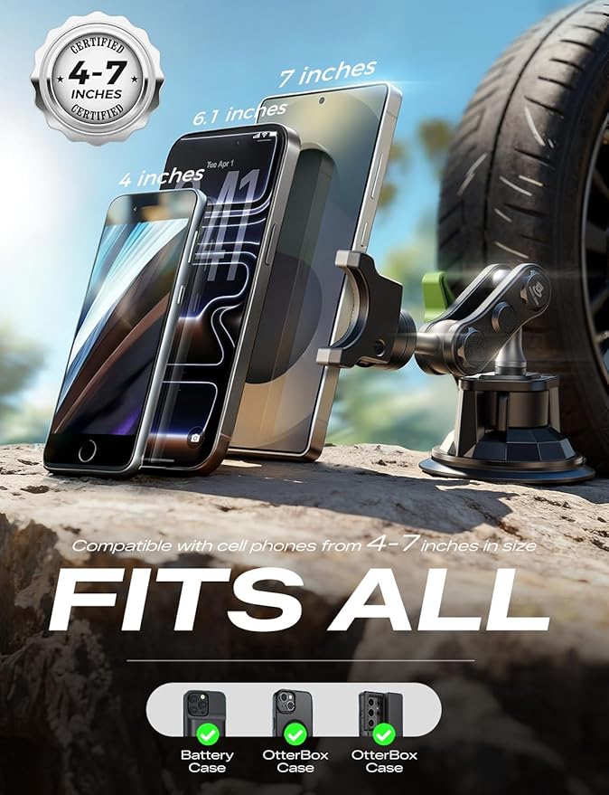 MAGIC JOHN Car Phone Holder, Ultra-Durable Mteal Phone Holders for Your Car, 360° Rotation Cell Phone Car Mount for Windshield, Suction Cup Car Phone Mount for iPhone Samsung All Smartphone