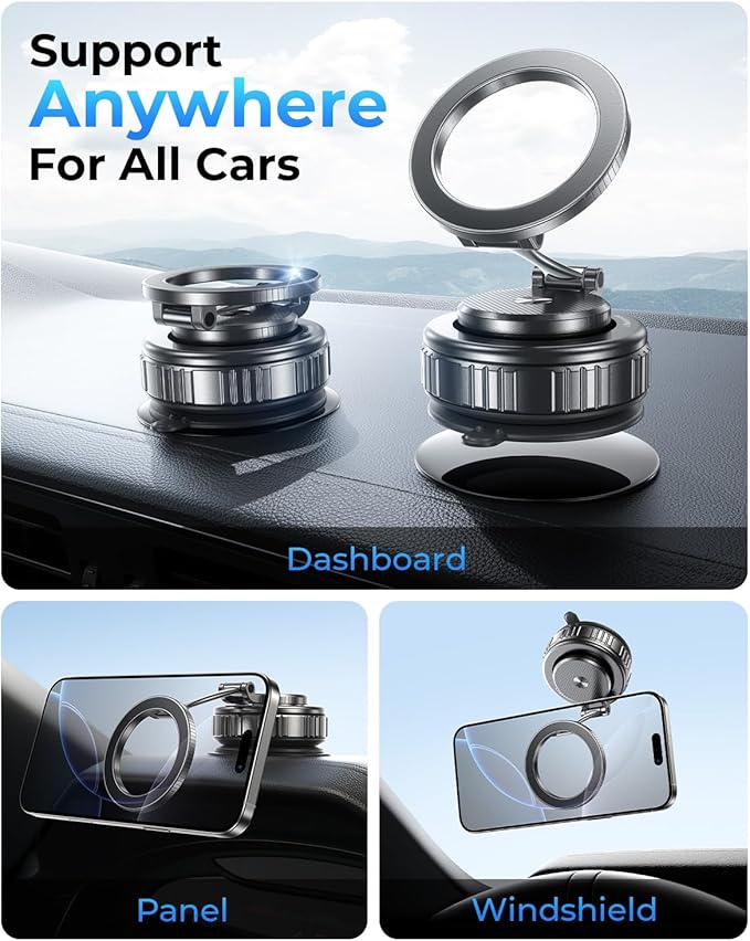 2026 Heavy-Duty Magnetic Phone Holder for Car, Ultra Strong Vacuum Suction Magsafe Car Mount with Full Metal Arm 360° Adjustable Phone Holder for Dashboard & Windshield for iPhone 17 Pro Max & Samsung