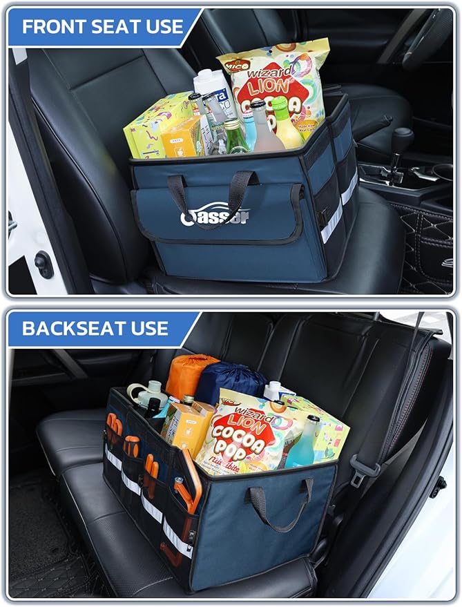 Oasser Car Trunk Organizer Collapsible Multi Compartments Trunk Organizer for SUV with Foldable Cover Reflective Strip (Standard, Blue)