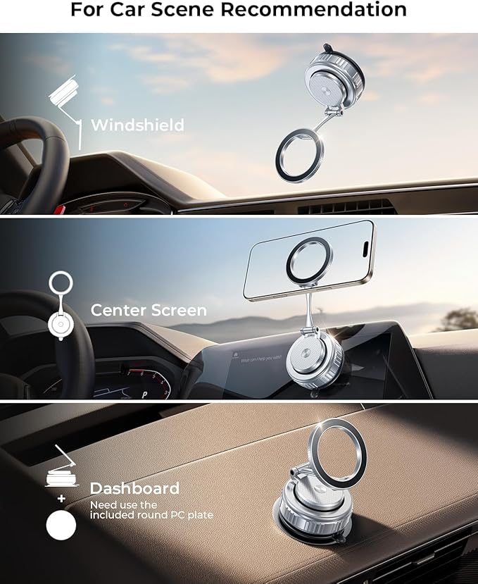 2026 Upgraded Vacuum Magnetic Car Phone Holder [89+LBS Suction/2800gf Magnet], Suction Cup Phone Mount, Ultra-Strong Magnetic Stand for Car/Mirror/Gym/Kitchen/iPhone17 16 15 14 13 12, Silver