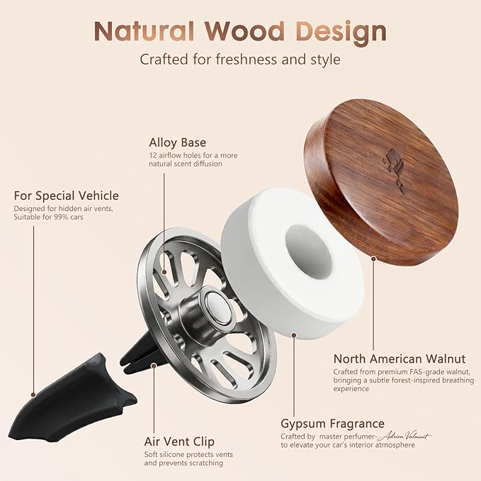 Wooden Car Air Freshener for Vent, Refillable Essential Oil Diffuser Clip with Long-Lasting Natural Scent, Solid North American Walnut & Metal Luxury Auto Deodorizer