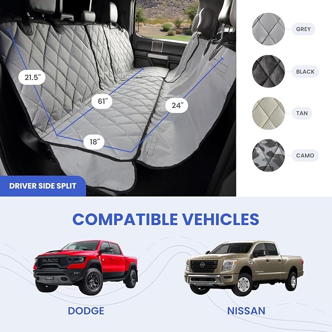 4Knines Bench Seat Covers for Trucks with Dog Hammock - Rear Seat Protector for Dogs Fits Full Size Crew Cab with Split Bench Seats - Waterproof, Heavy-Duty Dog Seat Cover (Driver Side, Beige)
