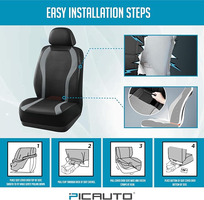PIC AUTO Leather Car Seat Covers, Premium Automotive Waterproof Front & Rear Full Set Bucket Car Seat Protectors, Black and Gray PVC Patchwork, Fits for Cars, Trucks, Van, SUV, Airbag Compatible