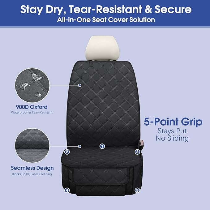 Heavy Duty Front Seat Cover with Side Flaps - Waterproof Secure Fit Captain Seat Protector for Dogs & Humans, Protects from Dirt, Fur, Scratches, Fits Cars, SUVs, Trucks, Minivans(1-Pack)