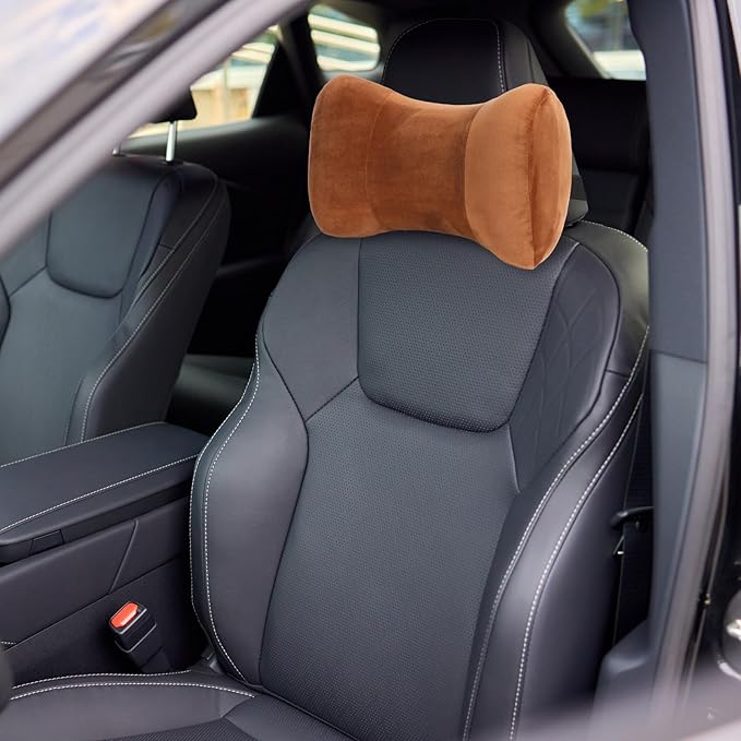 Youyole Car Neck Pillow for Driving Seat 11.8 x 7.87 x 4.7 Inches Office & Gaming Chair Neck Support Pillow Memory Foam with Strap Velvet Cover for Car Driving and Desk Use(Coffee)