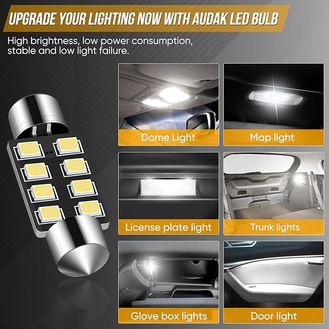 Audak Festoon LED Bulb 36mm 2835 8SMD Canbus Error Free Fit for Interior Dome Map Lights Door Courtesy Lights Trunk Lights License Plate Lights (Pack of 4)