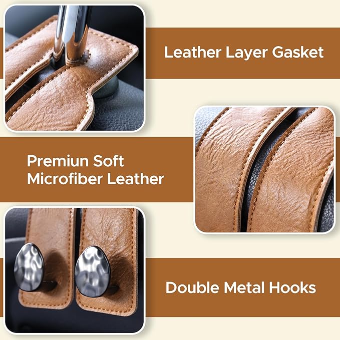 4 PCS Leather Car Seat Hooks for Headrest, Vehicle Hanger Storage Organizer Universal for Handbag Purse, Car Accessories Gift (Brown-Black-4 PCS)
