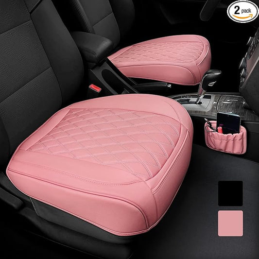2 Pack Leather Front Car Seat Cover Bottom Car Seat, Anti-Slip and Full Wrap Driver Car Seat Protectors with Storage Pocket, Luxury Waterproof Bottom Auto Seat Cushion Pad Mat for Most Vehicles(Pink)