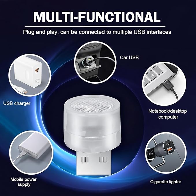 5 PCS USB LED Car Interior Atmosphere Lamp, Plug-in Mini USB Car Ambient Light, Round Portable Night Lights, Universal Vehicle Interior Accessories for Most Cars (Multicolored)