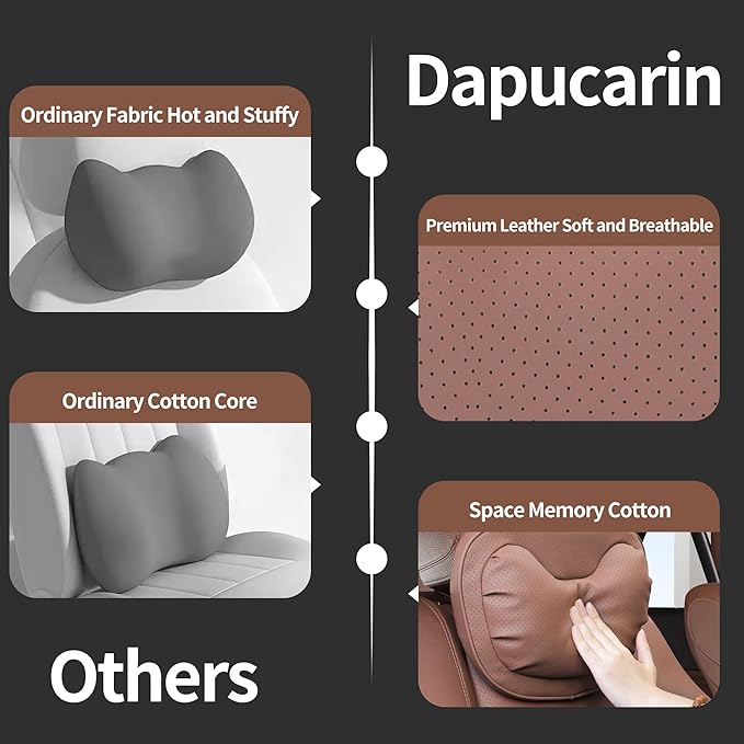 Car Neck Pillow [No More Pressure] Soft Comfortable Premium Leather Headrest with Adjustable Strap – Ergonomic Support for Driving, Office & Gaming, Brown, 2 Pack