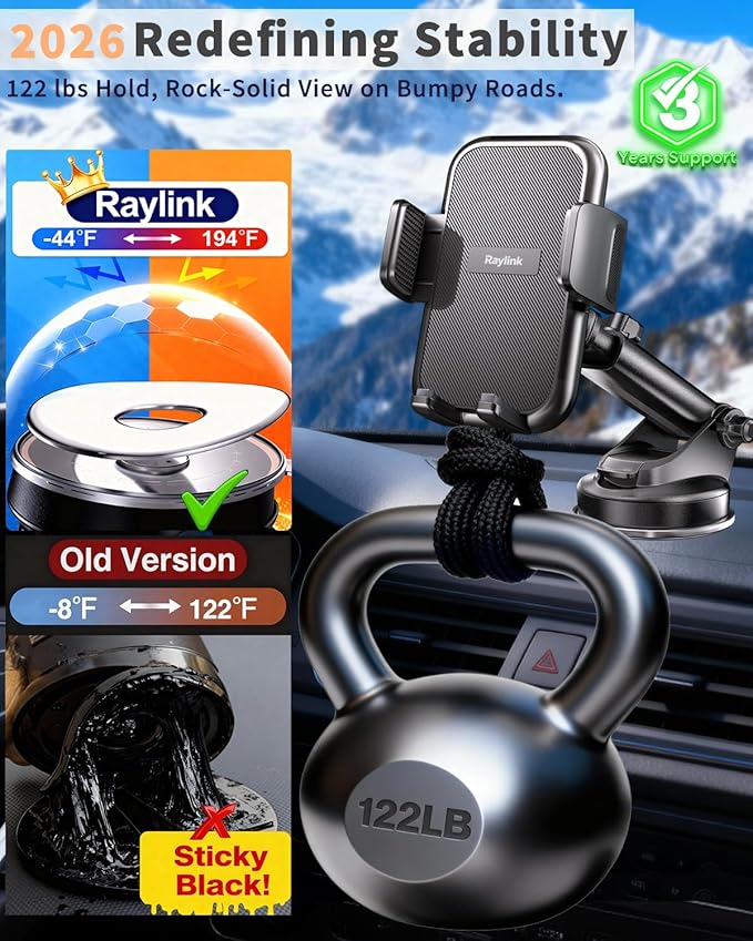 RayLink【122+LBS Strongest Suction & Military-Grade Ultimate Car Phone Holder【Patent & Safety Certs】 Cell Phone Mount Truck Stand for Dashboard Windshield Vent for iPhone 17 Pro Max 16 15 Samsung