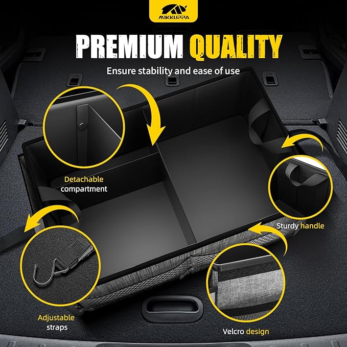MIKKUPPA Car Trunk Organizer - 65L Collapsible Trunk Organizer with Lid, Sturdy Car Storage for SUV Auto Truck Van with Adjustable Straps and Non Slip Bottom (Gray)