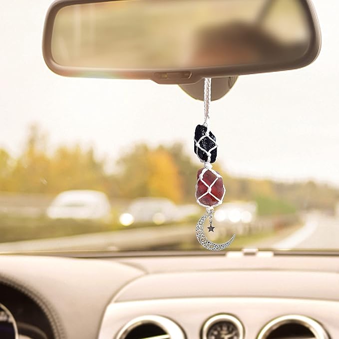 BOHO GARDEN Hanging Car Charm - Black Tourmaline & Carnelian - Dangling Moon, Healing Crystal Accessories, Rearview Mirror Decorations - Grounding, Confidence, Protection, Transformation, Joy, Energy