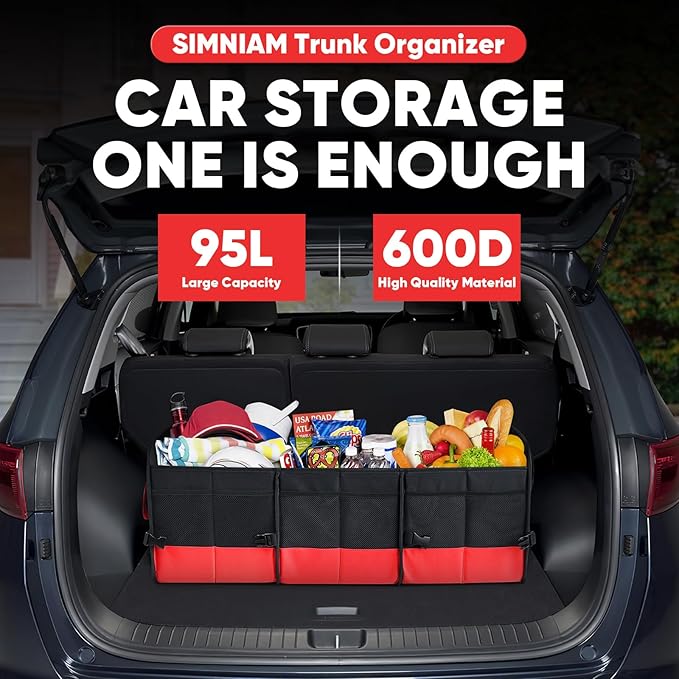 Simniam Large Trunk Organizer for Car, Foldable Multi Compartment Car Trunk Organizer with 2 Retractable Straps, Suitable for All Kinds of Cars, SUV, Minivan - 4 Compartments Red