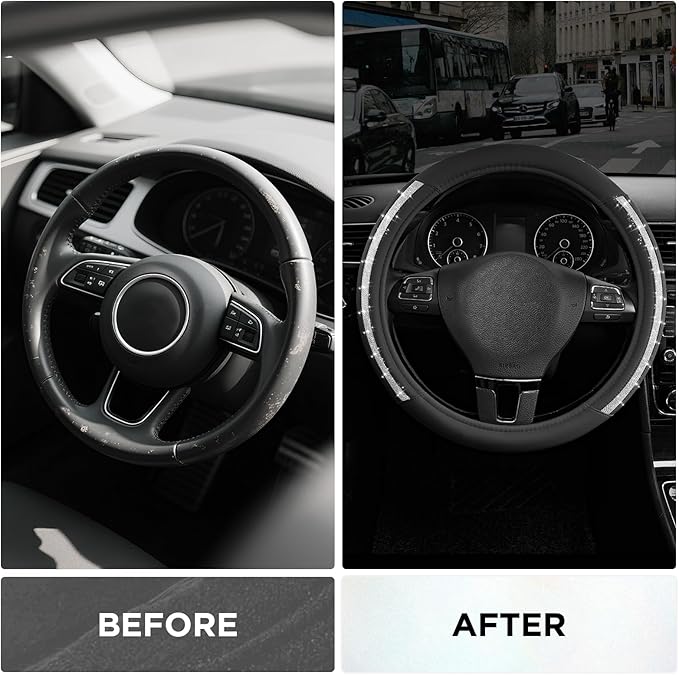 Road Comforts Steering Wheel Cover, Silver Bling Glitter with Black Leather, Universal Fit 14.5"-15.5" Wheel Cover for Women & Girls, Anti-Slip Protector for Cars, Trucks, Vans, SUVs