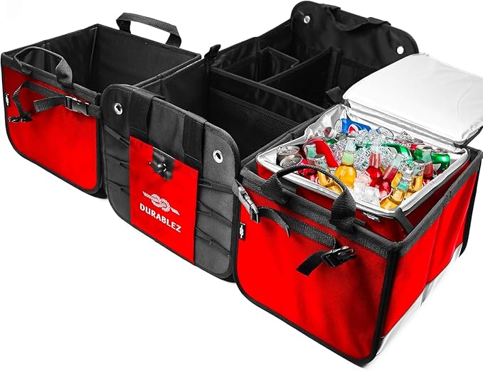5-Section Trunk Organizer with Cooler – Extra Large Modular Car Storage System with Insulated Compartment, Foldable Multi-Module Cargo Organizer for Groceries & Travel – Red