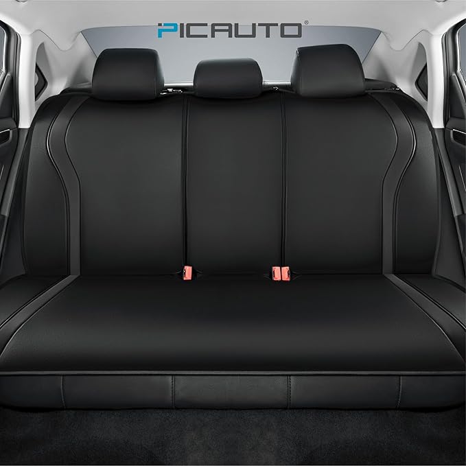 PIC AUTO Leather Car Seat Covers, Premium Automotive Waterproof Front & Rear Full Set Bucket Car Seat Protectors, Black and Black PVC Patchwork, Fits for Cars, Trucks, Van, SUV, Airbag Compatible