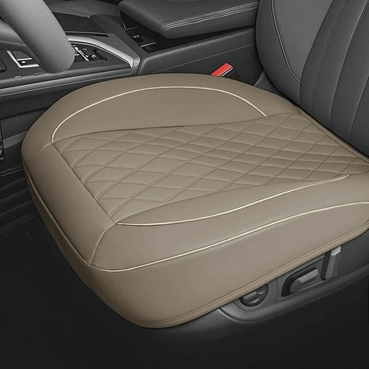 1 Pack PU Leather Quilting Front Car Seat Cover, Anti-Slip Full Wrap-Around Bottom Seat Protector Cushion with Storage Pocket, Universal Fit for Most Vehicles - Beige