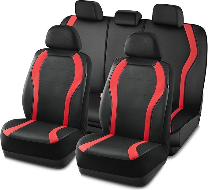 PIC AUTO Leather Car Seat Covers, Premium Automotive Waterproof Front & Rear Full Set Bucket Car Seat Protectors, Black and Red PVC Patchwork, Fits for Cars, Trucks, Van, SUV, Airbag Compatible