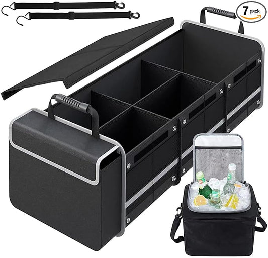 Car Trunk Organizer with Insulated Cooler Bag, 115L Foldable & Waterproof Storage Organizer with Lid for SUV, Truck, Sedan - 4 Large Adjustable Compartments, Heavy Duty & Collapsible Design
