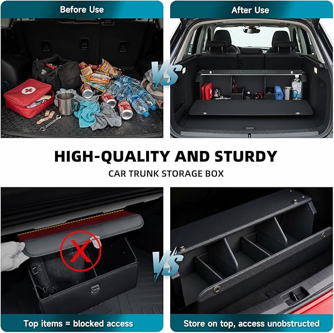 Sturdy Trunk Organizer with Lid, Waterproof Leather Car Storage Organizer with Sturdy Handle, Extra Large Car Organizers and Storage Fits Shopping, Camping, Road Trips (42.12 inch)