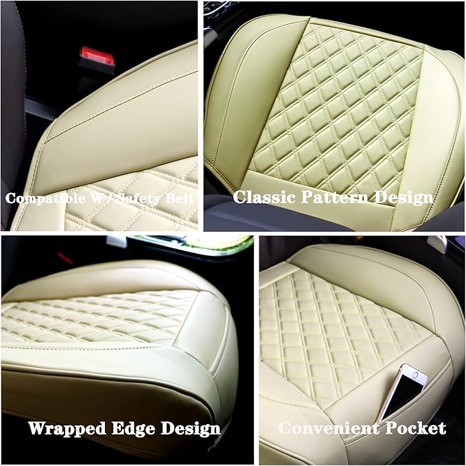 Cusaota 2 Piece Car Seat Covers Protectors for Front Seat Bottoms, Luxury PU Leather Car Interior Seat Cushion Pad Mat, Compatible with 90% Vehicles (Sedan SUV Truck Jeep) (Beige-2PCS)