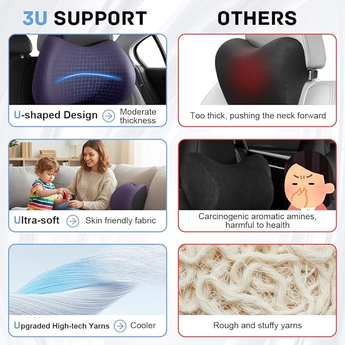 2Pack Car Neck Pillow - No Pressure & Odorless Memory Foam Car Headrest Pillow for Pain Relief, Ergonomic Support with Adjustable Strap & Breathable Removable Cover, Universal Fit(Purple)