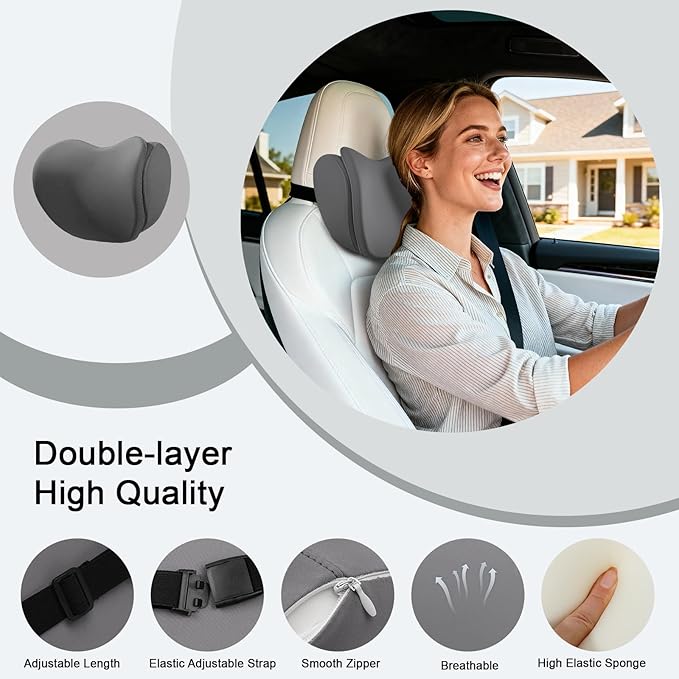 2Pcs 2025 Double-Layer Car Pillow, Cloud-Like Comfort Car Neck Pillow, Dual C-Curve Support Car Headrest Pillow – Experience First-Class Driving Comfort. (Gray)